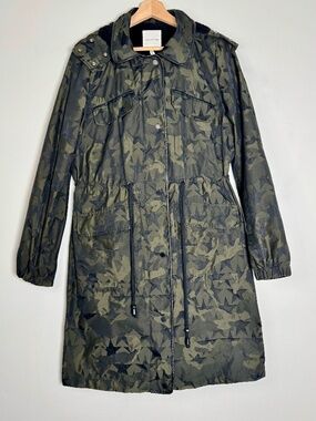 Avec Les Filles Green Star Camo Print Hooded Rain Jacket Sz Medium